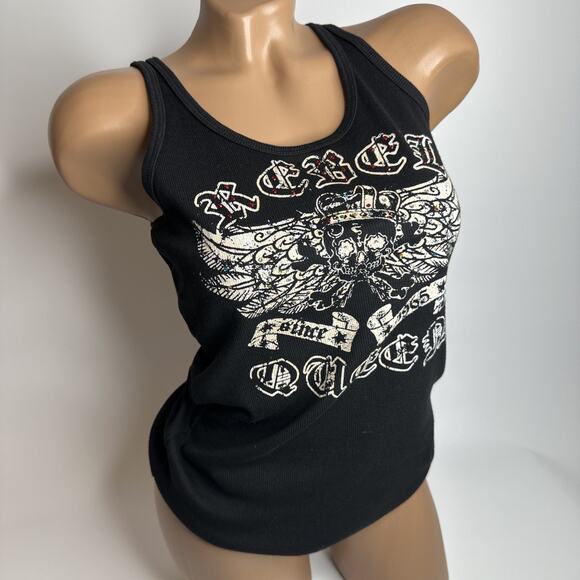 Vintage Y2K Le Paco Rebel Queen Skull Tank Top Rhinestone Goth Biker M Mcbling - Picture 1 of 8